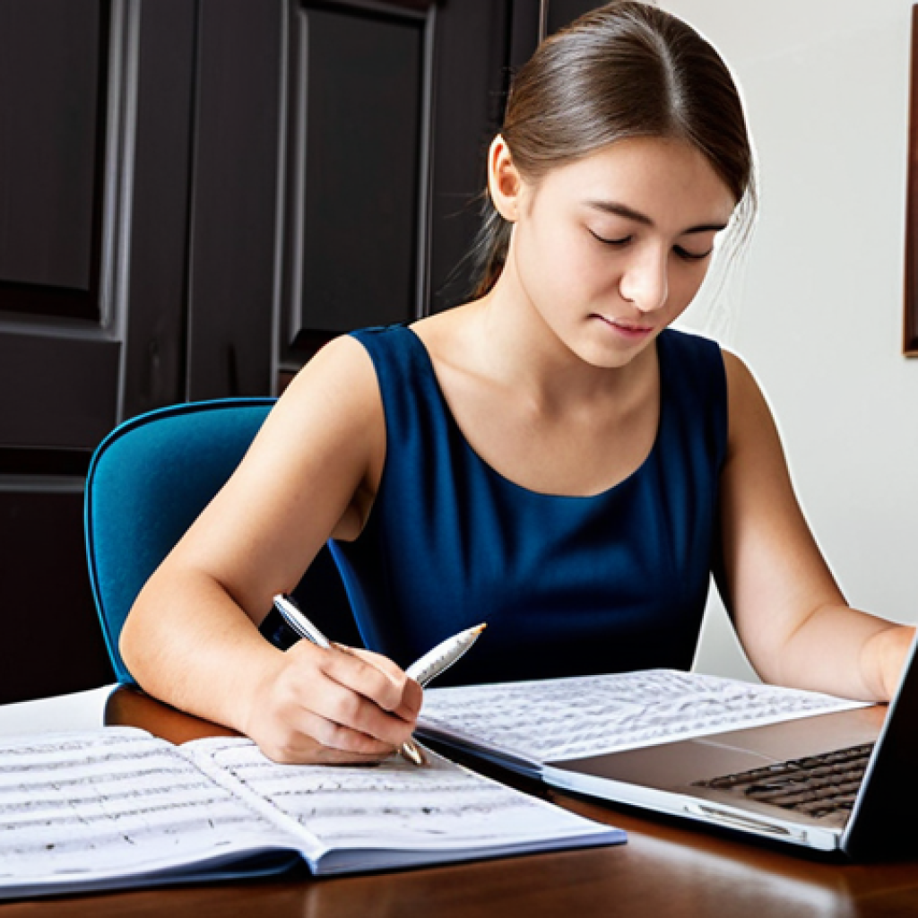 Guitar Competition Preparation**

A young, fully clothed woman in professional dress, seated at a desk in a brightly lit study. She is surrounded by guitar sheet music and a laptop displaying tabs. She's taking notes with a pen in her hand, seemingly strategizing. Background includes awards and musical instruments. Safe for work, appropriate content, professional, perfect anatomy, correct proportions, natural pose, well-formed hands, proper finger count, natural body proportions, high quality. Family-friendly.

**
