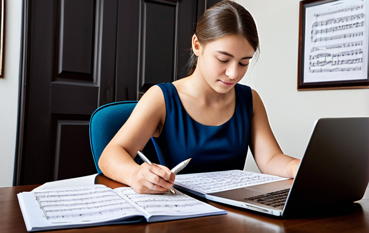 Guitar Competition Preparation**
A young, fully clothed woman in professional dress, seated at a desk in a brightly lit study. She is surrounded by guitar sheet music and a laptop displaying tabs. She's taking notes with a pen in her hand, seemingly strategizing. Background includes awards and musical instruments. Safe for work, appropriate content, professional, perfect anatomy, correct proportions, natural pose, well-formed hands, proper finger count, natural body proportions, high quality. Family-friendly.
**