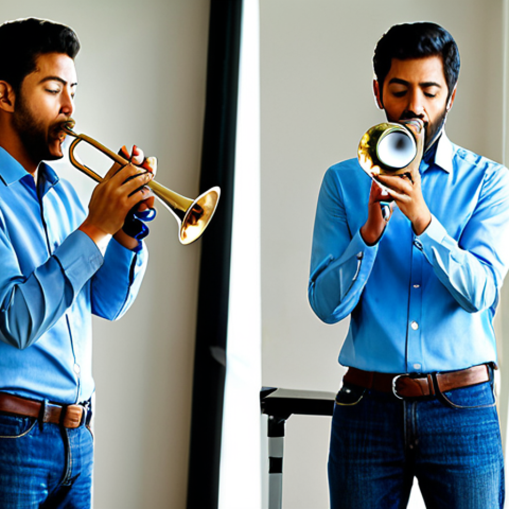 Breath Control Practice**
"A musician practicing trumpet, indoors in a well-lit music room, focusing on breathing exercises, fully clothed in a casual but professional outfit (e.g., jeans and a button-down shirt), using a breath builder device, appropriate attire, safe for work, perfect anatomy, natural proportions, demonstrating proper technique, educational setting, family-friendly, high quality."
**