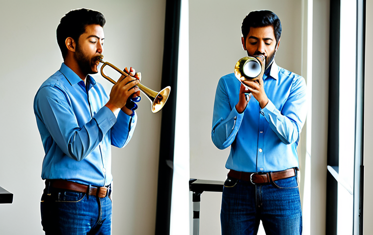 Breath Control Practice**
"A musician practicing trumpet, indoors in a well-lit music room, focusing on breathing exercises, fully clothed in a casual but professional outfit (e.g., jeans and a button-down shirt), using a breath builder device, appropriate attire, safe for work, perfect anatomy, natural proportions, demonstrating proper technique, educational setting, family-friendly, high quality."
**