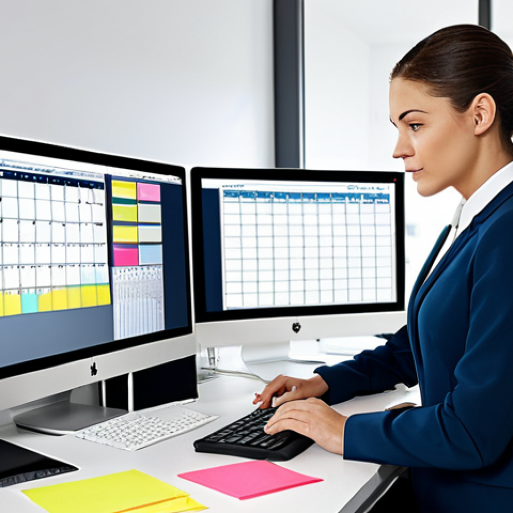 Modern Office Scene**

"A professional woman, fully clothed in a modest business outfit, is working at a clean desk in a bright and organized modern office. Her tasks are organized using sticky notes and a sleek digital calendar on her computer screen. Safe for work, appropriate content, perfect anatomy, professional environment."

**