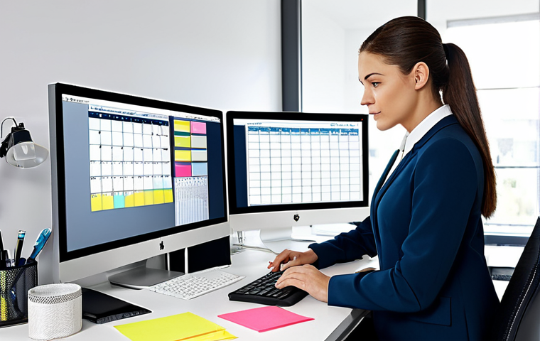 Modern Office Scene**
"A professional woman, fully clothed in a modest business outfit, is working at a clean desk in a bright and organized modern office. Her tasks are organized using sticky notes and a sleek digital calendar on her computer screen. Safe for work, appropriate content, perfect anatomy, professional environment."
**