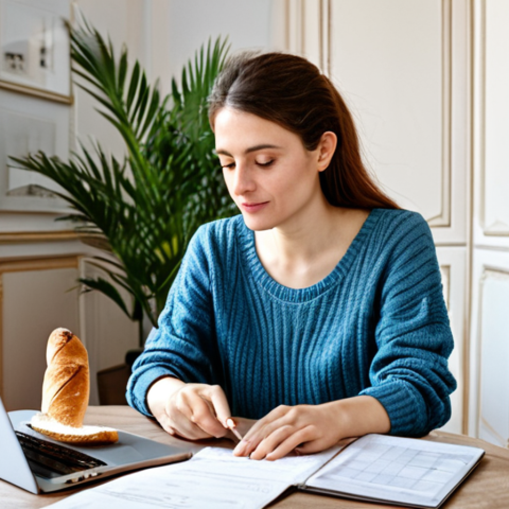 Smart Budgeting**

A French woman in her late 20s, wearing a modest casual outfit (jeans and a sweater), sitting at a table in a brightly lit Parisian apartment, reviewing a budget on her laptop.  Around her are everyday objects like a baguette, a cup of coffee, and a plant. The scene emphasizes organization and financial awareness.  Fully clothed, appropriate content, safe for work, professional, perfect anatomy, natural pose, high quality, well-formed hands, proper finger count, natural body proportions.

**