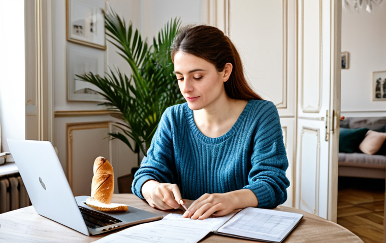 Smart Budgeting**
A French woman in her late 20s, wearing a modest casual outfit (jeans and a sweater), sitting at a table in a brightly lit Parisian apartment, reviewing a budget on her laptop. Around her are everyday objects like a baguette, a cup of coffee, and a plant. The scene emphasizes organization and financial awareness. Fully clothed, appropriate content, safe for work, professional, perfect anatomy, natural pose, high quality, well-formed hands, proper finger count, natural body proportions.
**