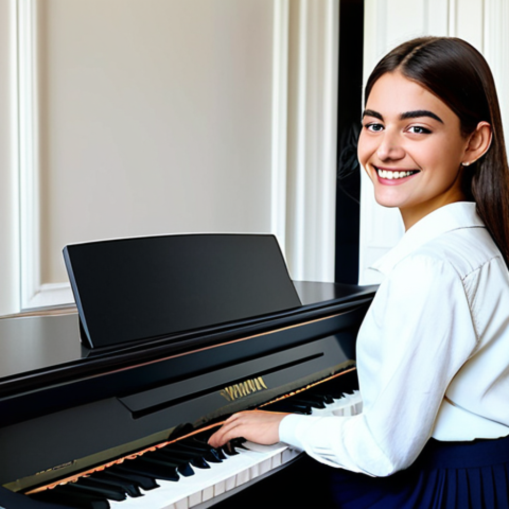 **
"A young woman in a chic, fully clothed Parisian outfit, sitting at a Yamaha Arius YDP-144 digital piano in a stylish apartment. The room is decorated with modern French décor. She is smiling and appears to be enjoying playing. Safe for work, appropriate content, professional, modest, perfect anatomy, well-formed hands, natural pose, high quality."
**