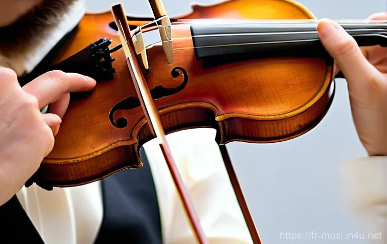 바이올린 현 교체법 - **Prompt:** A close-up, high-definition photograph of a professional violinist's hands gracefully po...