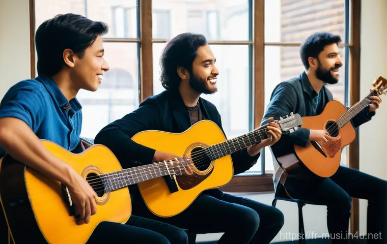 기타 합주 곡 추천 - **"A vibrant and diverse guitar ensemble composed of 4-5 musicians of varying ages and ethnicities, ...