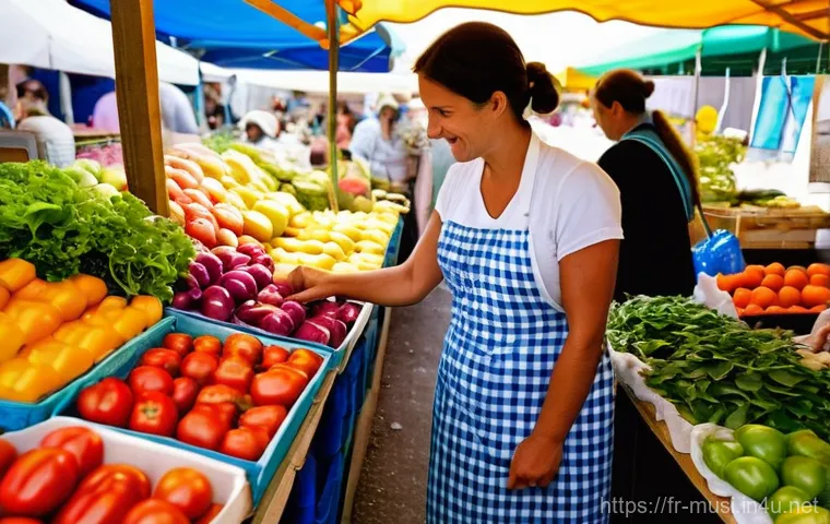 기타 종류별 시장 가격 - **Prompt:** A bustling, sun-drenched French farmers market. A friendly female farmer, dressed in pra...