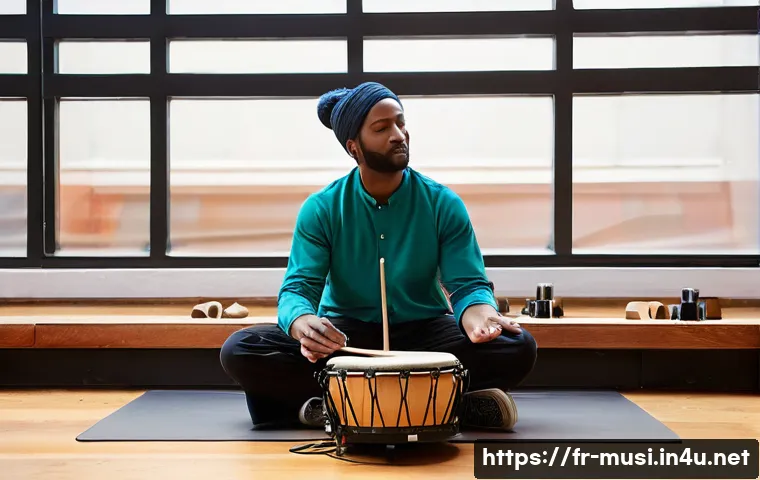 기타 고급 연주 테크닉 - The Rhythmic Explorer**
"A dynamic, medium shot of a musician deeply engrossed in a complex rhythmic...