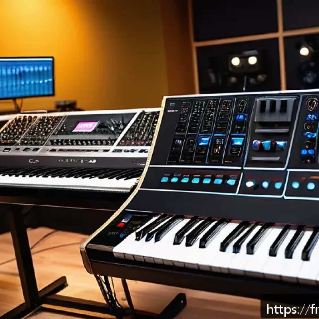 신디사이저 브랜드 추천 - A sleek modern synthesizer setup in a professional music studio featuring a hybrid analog-digital sy...
