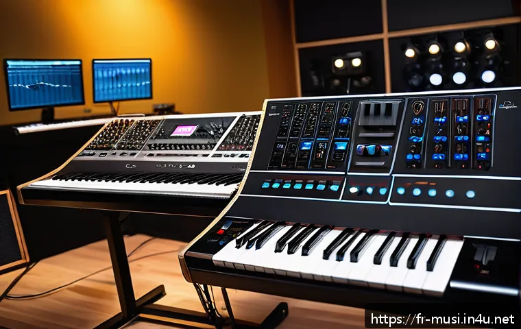 신디사이저 브랜드 추천 - A sleek modern synthesizer setup in a professional music studio featuring a hybrid analog-digital sy...