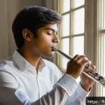 플룻 초보자 연습법 - A young beginner flutist practicing indoors, sitting with perfect posture: straight back, relaxed sh...