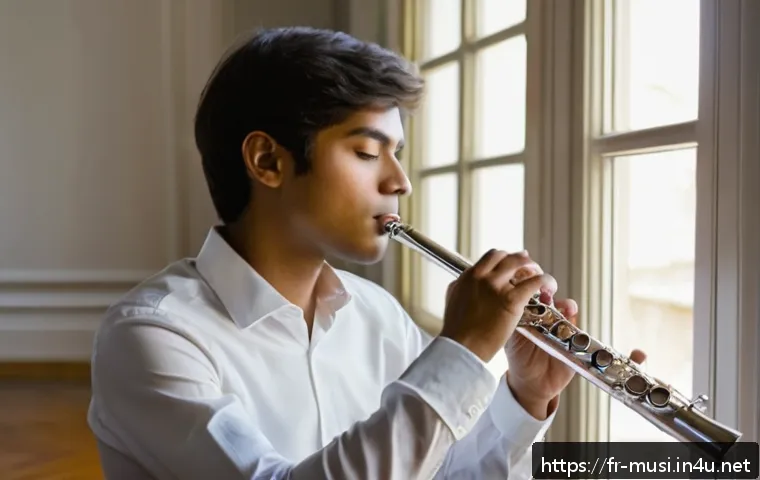 플룻 초보자 연습법 - A young beginner flutist practicing indoors, sitting with perfect posture: straight back, relaxed sh...