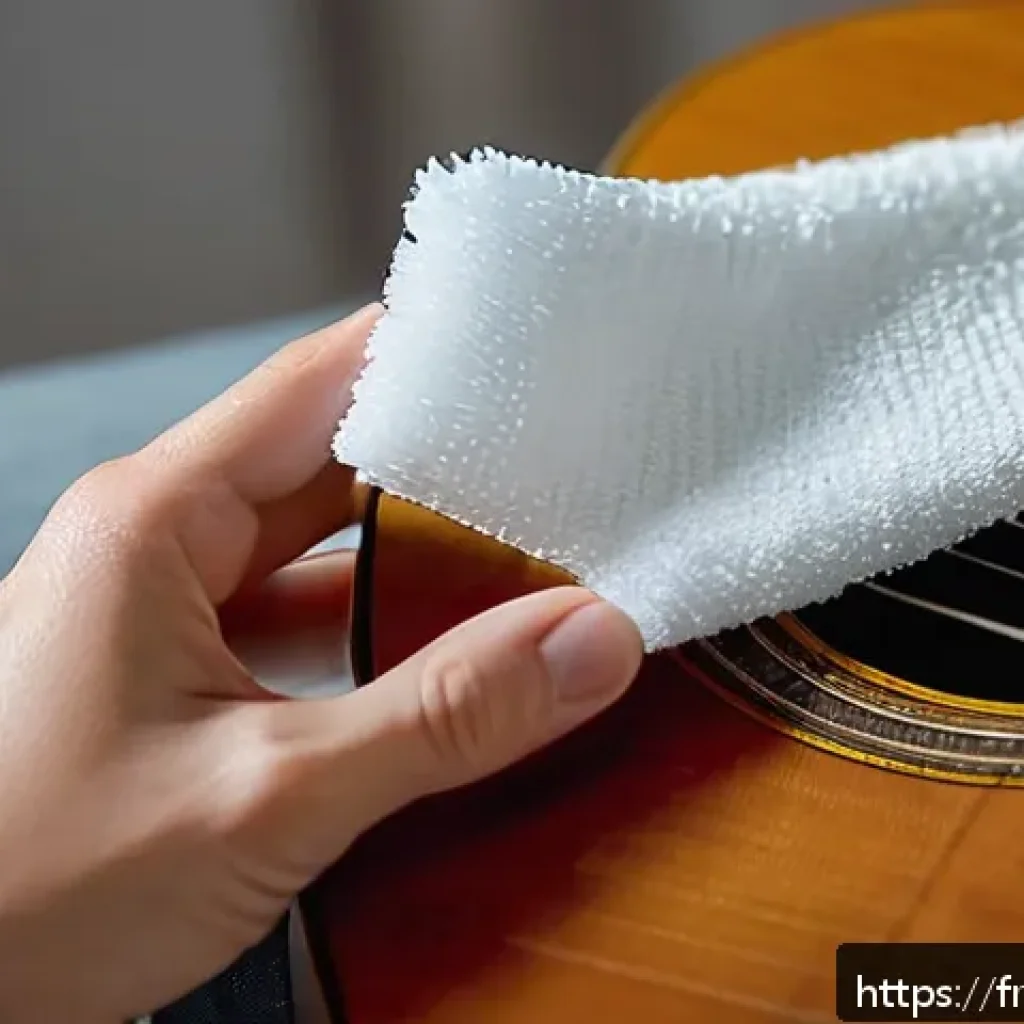 기타 스트링 교체 방법 - A close-up scene of a person carefully cleaning the neck and body of a classical guitar with a soft,...