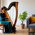 하프 연주 방법 - A cozy, sunlit music room in a modern Parisian apartment, featuring a beginner seated comfortably on...