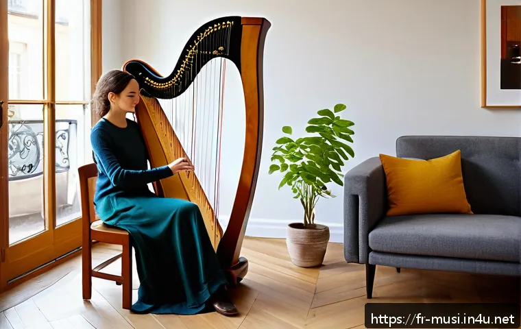 하프 연주 방법 - A cozy, sunlit music room in a modern Parisian apartment, featuring a beginner seated comfortably on...