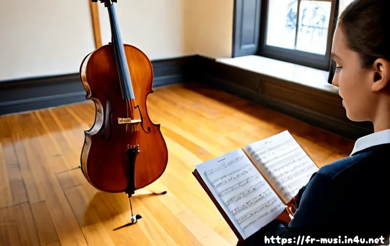 첼로와 음악 이론 학습 - Photorealistic French conservatory practice room, focused adult cellist seated with a warm wooden ce...
