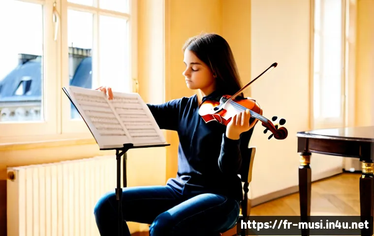 바이올린 연습 곡 추천 - Photorealistic young violin student practicing in a bright Paris apartment, seated beside a music st...