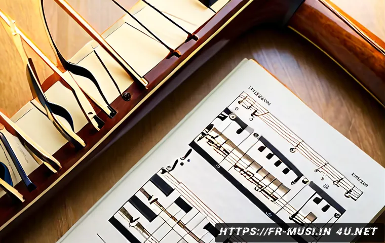 하프 악보 구하는 법 - Photorealistic overhead view of a polished wooden harp beside an open blank music notebook with empt...