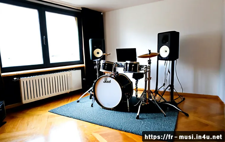 드럼 녹음 장비 추천 - Photorealistic home recording studio in a bright Paris apartment, a complete acoustic drum kit surro...