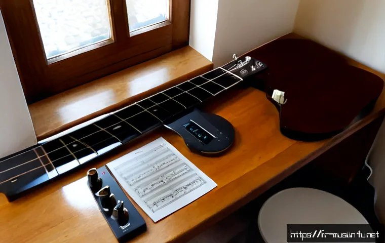 기타 곡 편곡 방법 - Photorealistic overhead view of a French home music studio, an acoustic guitar beside neatly arrange...