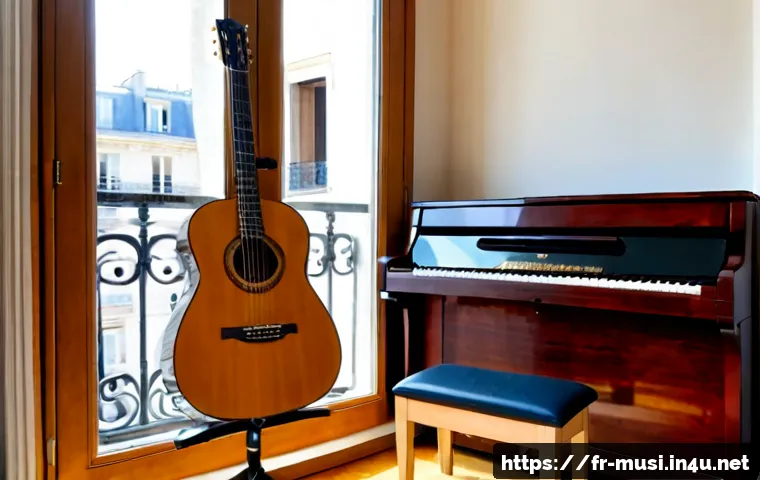 기타와 피아노 비교 - Photorealistic side-by-side comparison of an acoustic guitar and an upright piano in a bright Paris ...