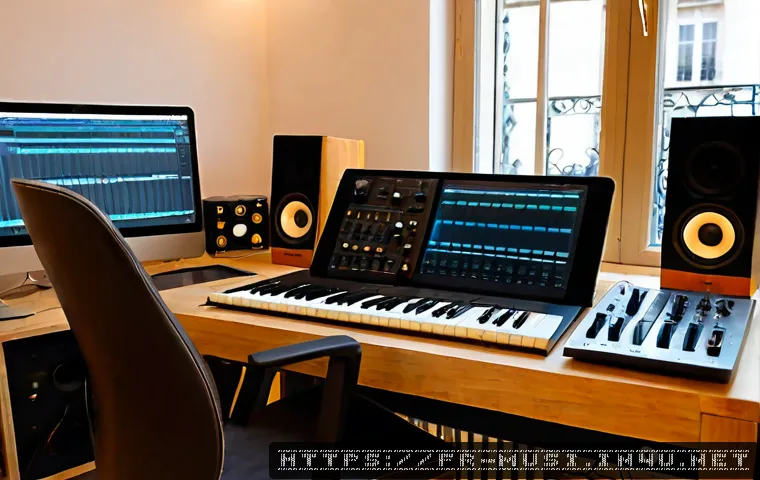 Home 26 신디사이저와 작곡 - Photorealistic home music studio in a Paris apartment, a French electronic composer seated at a wood...