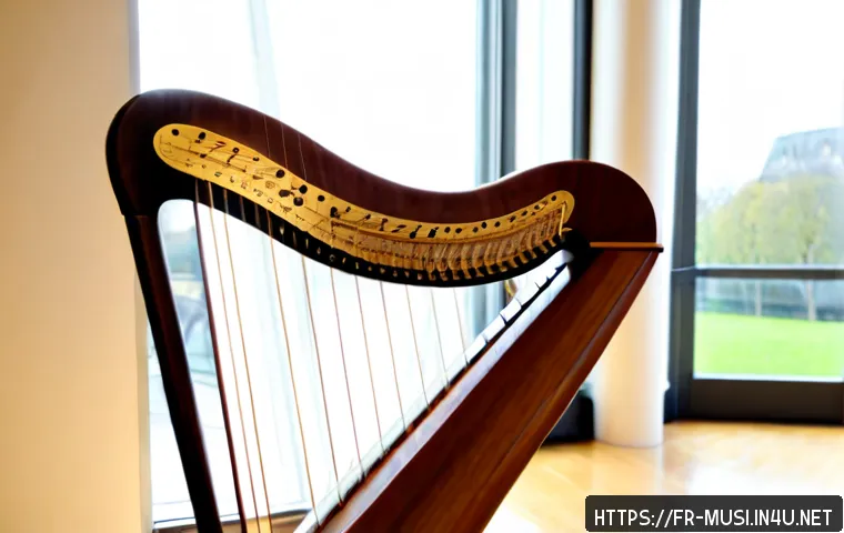 Home 15 하프 구조와 원리 - Photorealistic close-up of a classical concert harp in a bright Paris conservatory, clear view of th...